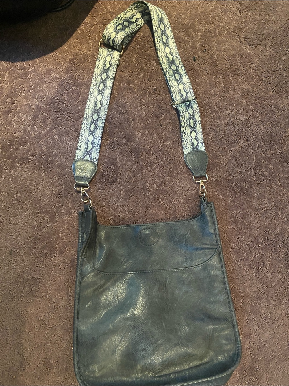 Black Leather Shoulder Bag with Snake-Print Detachable Strap
